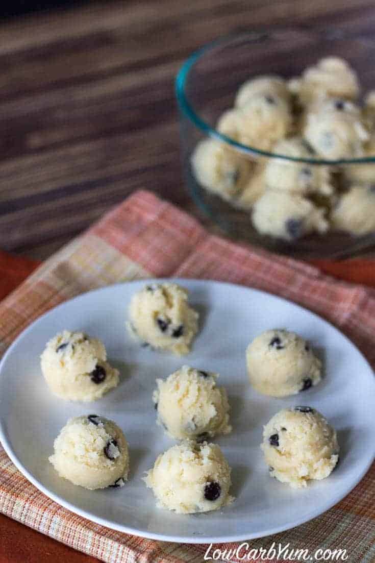 coconut flour chocolate chip cookie dough bites on plate