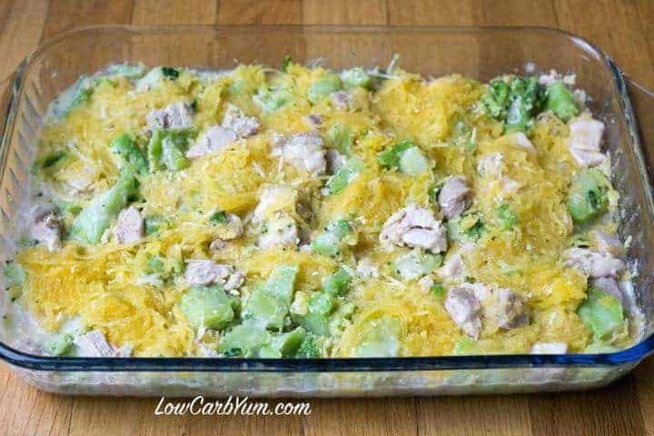 chicken with broccoli and spaghetti squash in casserole pan