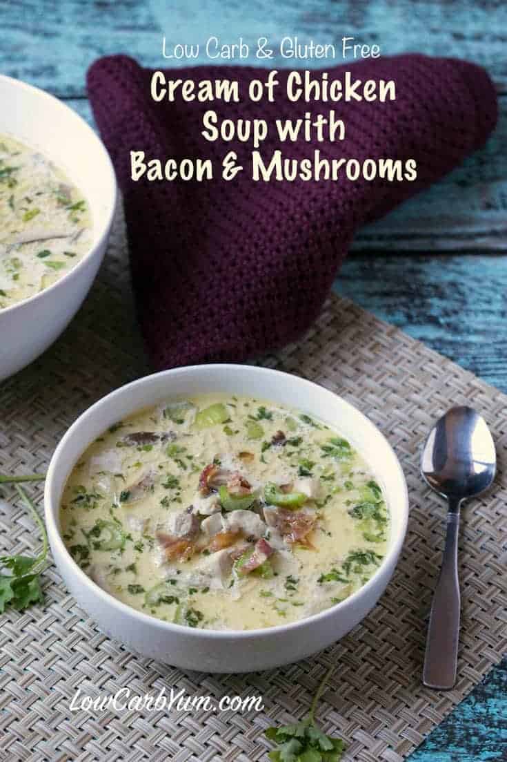 Warm up with some delicious low carb cream of chicken soup with bacon and mushrooms. It's sure to take the chill out on a cool fall or winter day and satisfy hunger. LCHF Keto Banting Recipe