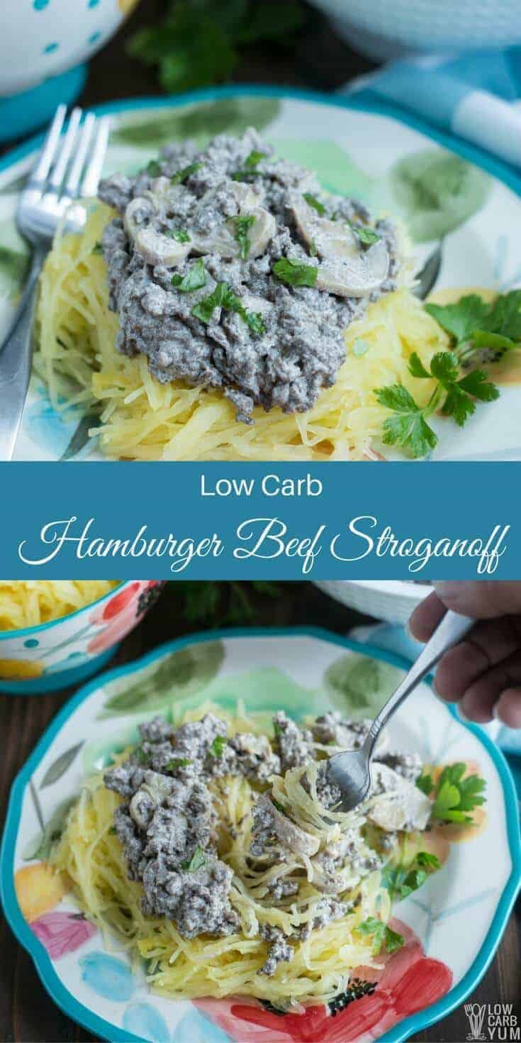 Delicious low carb hamburger beef stroganoff made fast and easy in one pan. Just grab some ground beef, sour cream, mushrooms, and spices. | LowCarbYum.com
