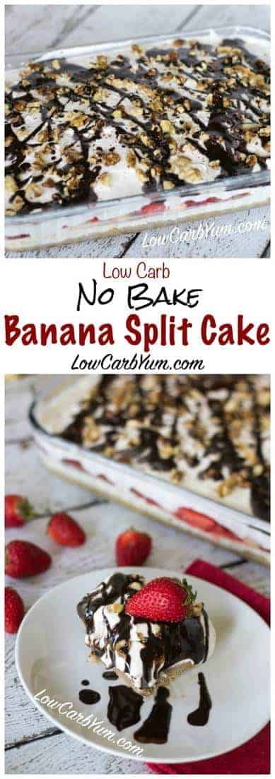 A delicious no bake banana split cake cheesecake that looks and tastes spectacular! You can make a large pan of this low carb dessert for parties