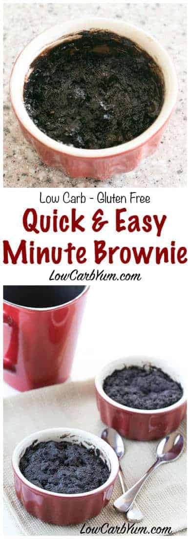 A delicious one minute chocolate brownie in a mug cake that bakes up in your microwave. Enjoy this simple low carb keto brownie recipe for a quick snack. #lowcarb #keto #ketorecipe | LowCarbYum.com