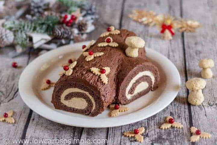 A Buche de Noel yule log cake that is both low carb and gluten free. So delicious, holiday guests will never know it's a sugar free low carb dessert!