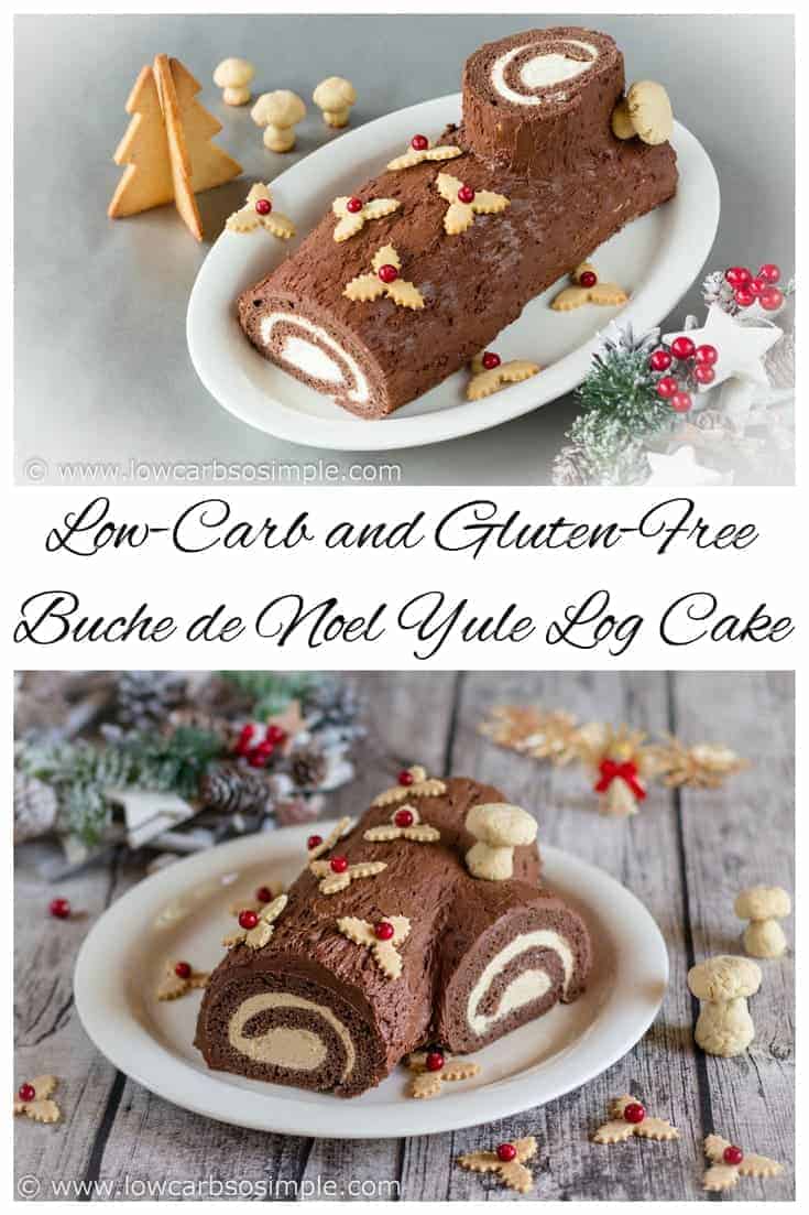 A Buche de Noel yule log cake that is both low carb and gluten free. So delicious, holiday guests will never know it's a sugar free low carb dessert!