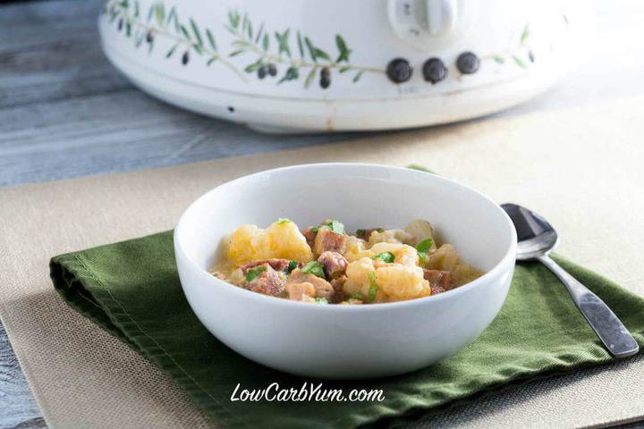 slow cooker cauliflower ham stew in bowl