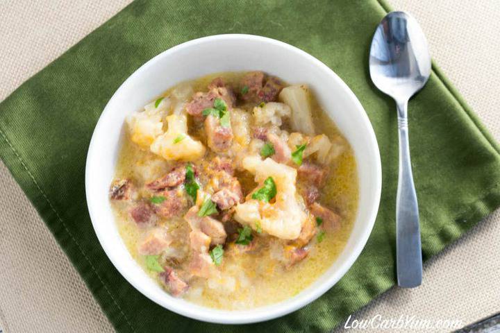 top view of crock pot ham cauliflower stew