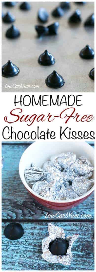 It's nearly impossible to find good low carb sugar free chocolate kisses molded candy. Why not make it yourself using kiss drop candy molds? #sugarfree #keto | LowCarbYum.com