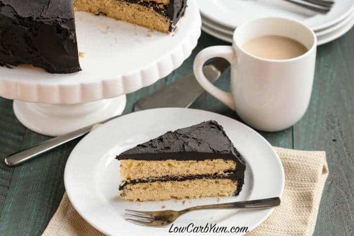 Delicious low carb dark chocolate frosting yellow cake 