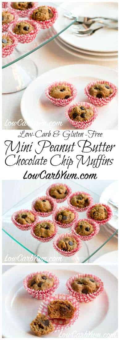 Delicious low carb gluten free mini peanut butter chocolate chip muffins in perfect bite size portions. So good, they are hard to resist! | LowCarbYum.com