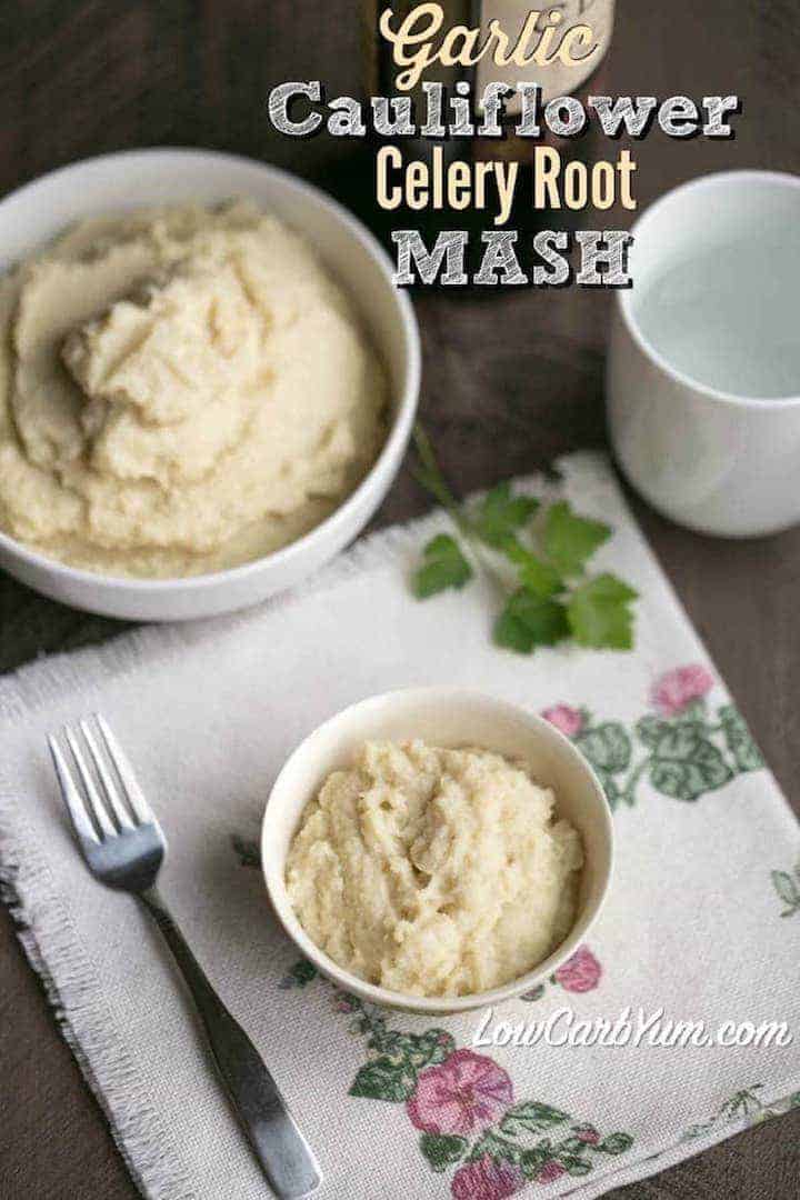 Low carb paleo garlic cauliflower mash with mashed celery root