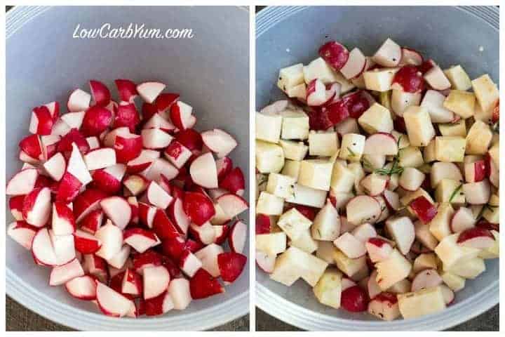 diced radishes with celery root