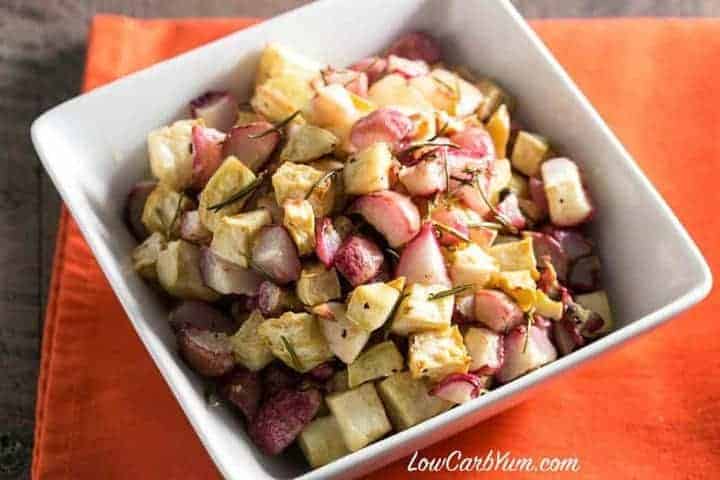 roasted diced celery root celeriac and radishes in bowl