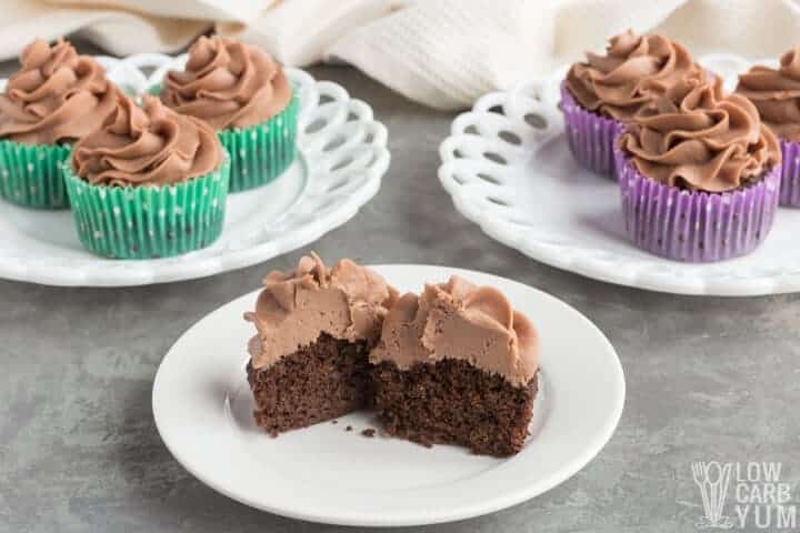 keto chocolate cupcake cut on plate