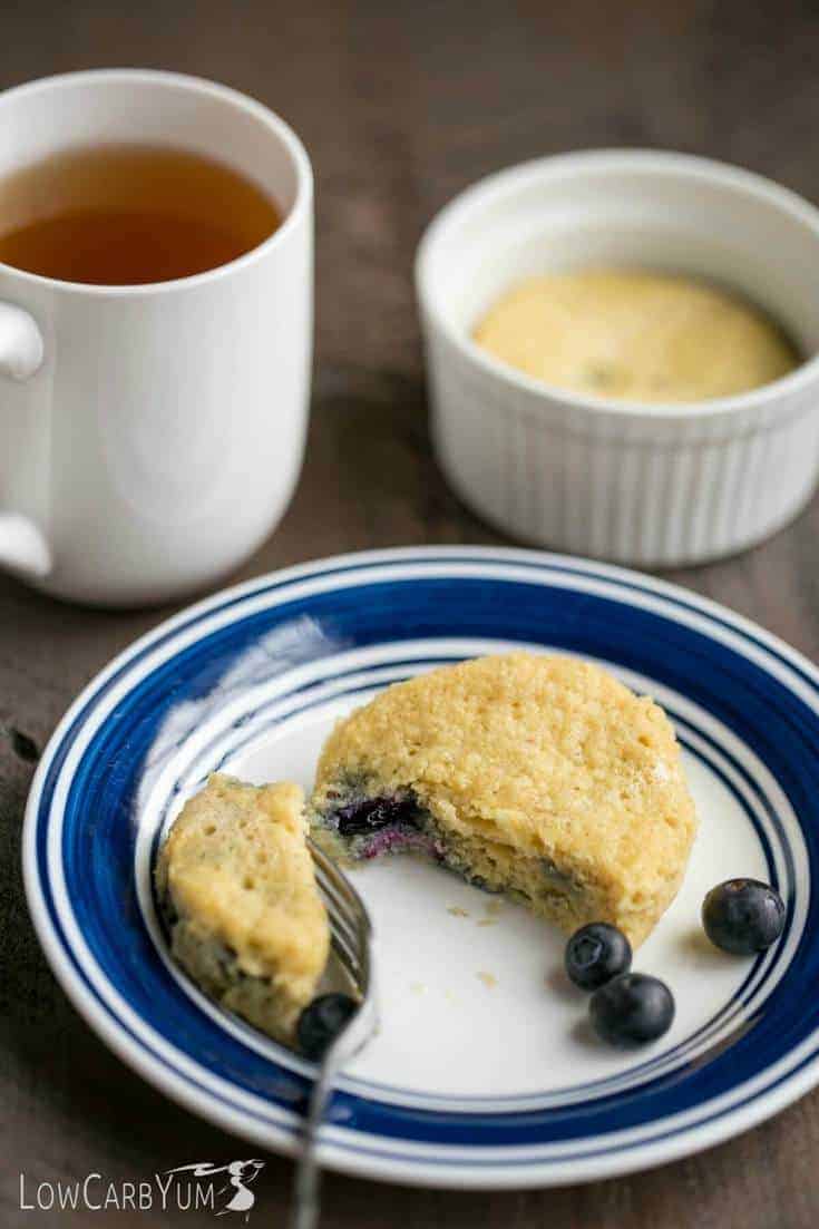 A tasty low carb blueberry mug cake that bakes up in minutes. The recipe makes two serving so eat one now and save the other for later. Atkins keto diet breakfast dessert