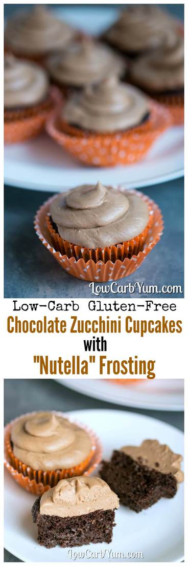 Deliciously moist low carb chocolate cupcakes with a sugar free Nutella frosting. Made with gluten-free coconut flour, a secret ingredient makes them moist. #lowcarb #glutenfree #chocolate | LowCarbYum.com