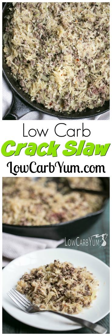 A quick and easy low carb crack slaw made with grated cabbage and ground beef. So good, it can be addicting which is how it got it's name. #lowcarb #keto #ketorecipe | LowCarbYum.com
