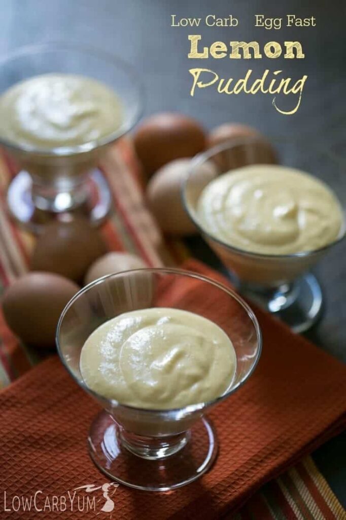 A creamy egg fast lemon pudding custard with less than 1 gram total carb per serving. It's perfect for those on a very low carb keto diet. | LowCarbYum.com