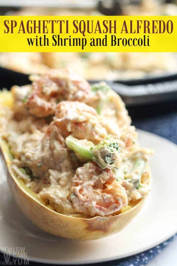 Spaghetti Squash Alfredo with Shrimp and Broccoli