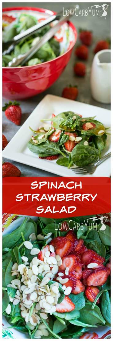 A simple low carb spinach strawberry salad with vinaigrette dressing. It's a light salad to enjoy on the side made with fresh greens, berries, and almonds.