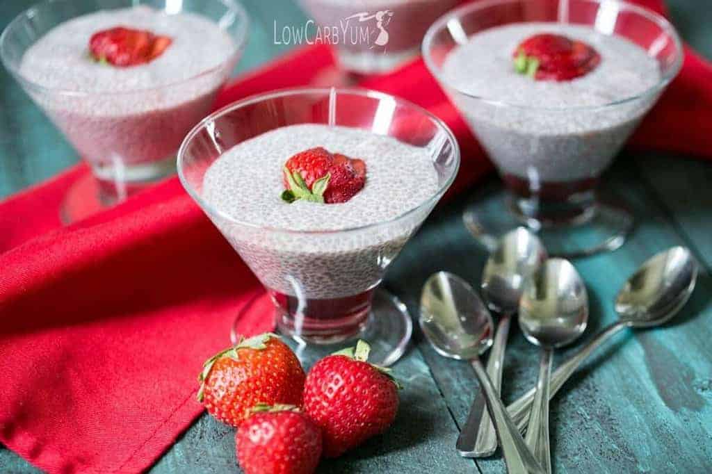 strawberry chia pudding with almond milk in dishes with spoons
