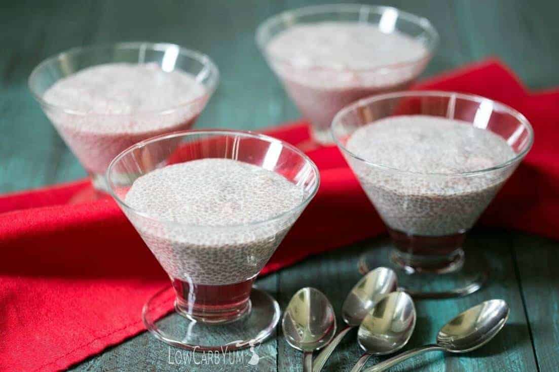 strawberry almond milk chia pudding in dessert dishes