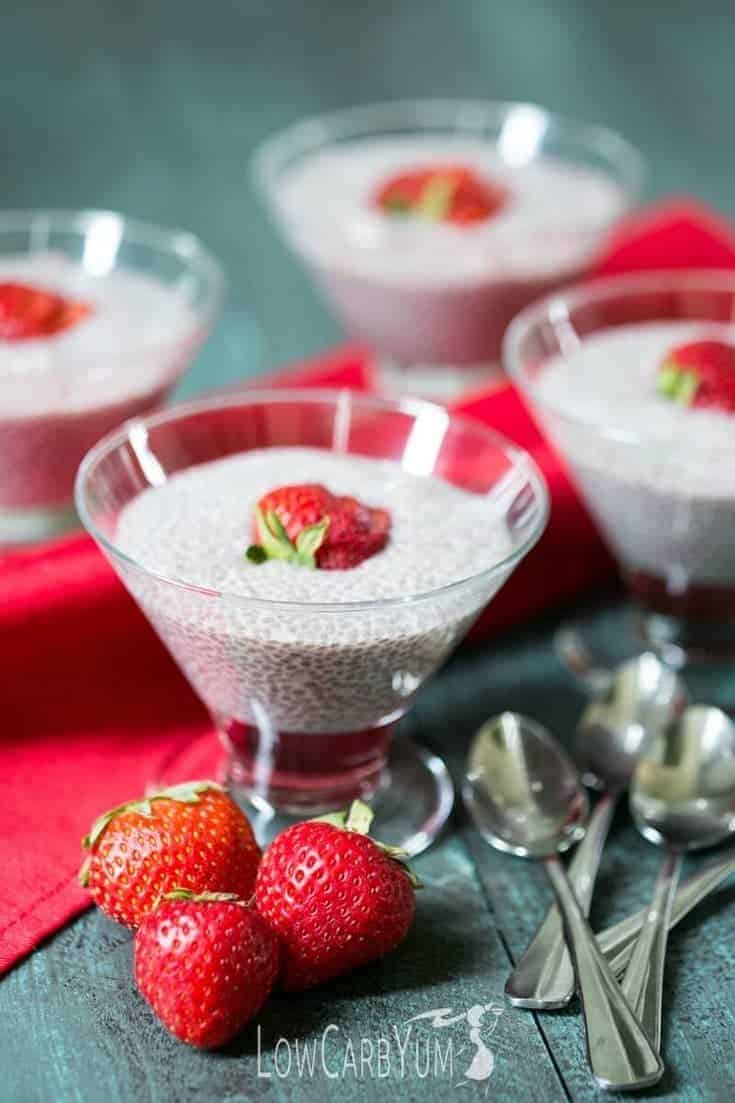 almond milk chia pudding topped with strawberry