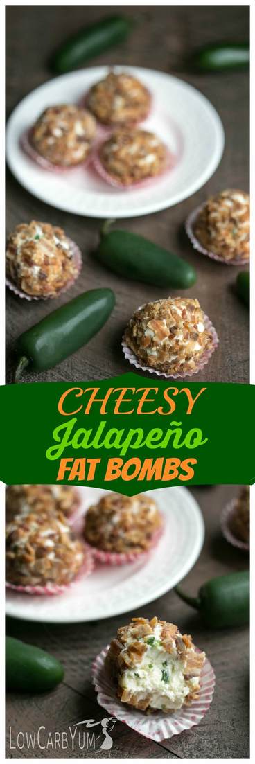 Cheesy keto jalapeño poppers fat bombs from the Sweet & Savory Fat Bombs Cookbook by Martina Slajerova. A delicious savory snack to boost fat intake. #lowcarb #keto #ketorecipe | LowCarbYum.com