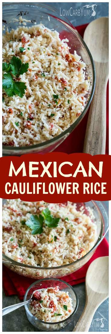 An easy low carb Mexican cauliflower rice that only takes a couple minutes to prepare. And, this simple dish can be made with only 4 common ingredients! #cauliflowerrice #glutenfree #lowcarb #mexicanfood #lowcarbrecipe | LowCarbYum.com