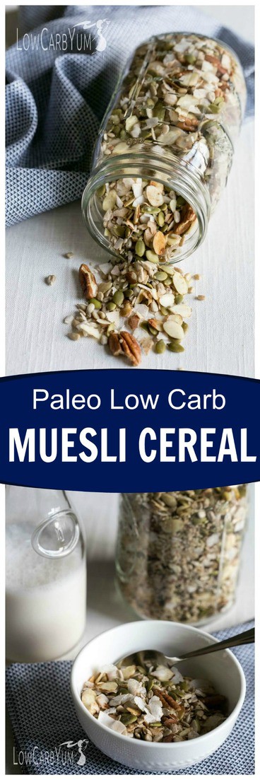 If you're following a gluten free paleo diet, you'll love this muesli low carb cereal. It's loaded with whole food ingredients without sugar added! #lowcarb #keto #ketorecipes #ketocereal #lowcarbcereal #paleo | LowCarbYum.com