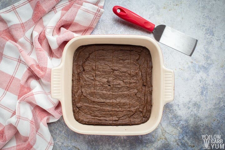 baked brownies sliced in pan