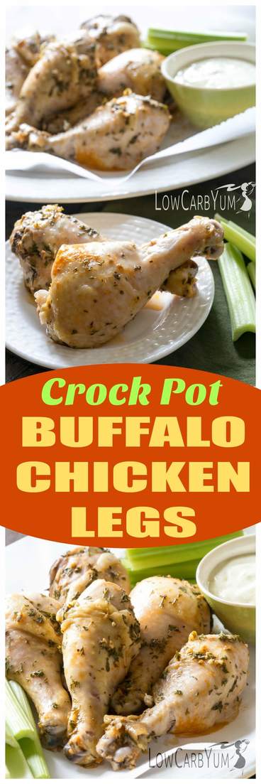 A simple slow cooker crock pot Buffalo chicken drumsticks recipe that takes only a minute to prepare. Just dump the ingredients into the crock pot! #lowcarb #crockpot #crockpotrecipe #slowcooker #lchf #buffalochicken #easyrecipe | LowCarbYum.com