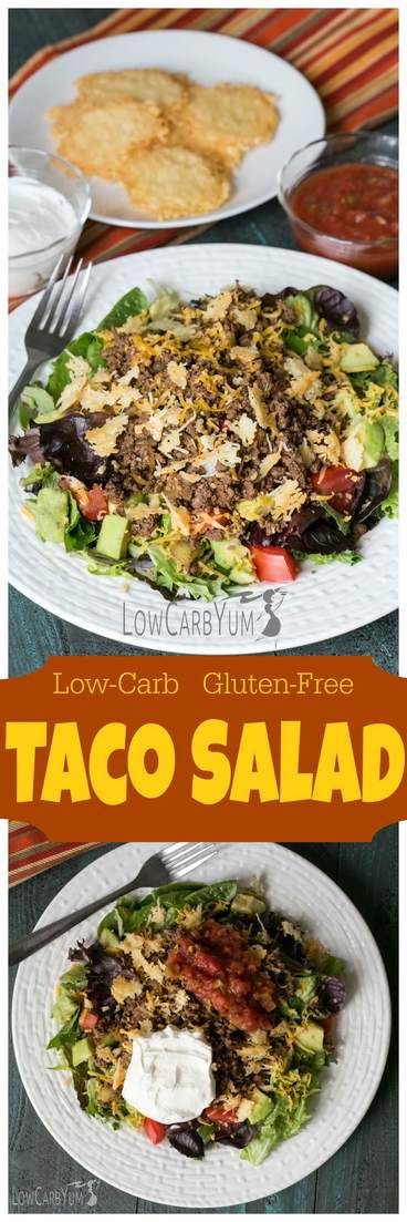 Enjoy the taste of tacos in an easy to make low carb gluten free taco salad. Simply add taco meat and topping to your favorite lettuce mix.