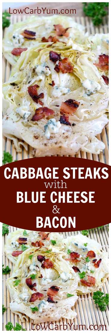 Yummy low carb grilled cabbage steaks with blue cheese and bacon. A simple recipe that cooks up in no time on the grill or in a pan on the stove.