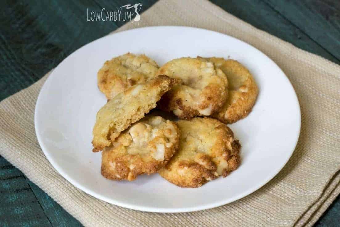low-carb white chocolate macadamia cookies on plate