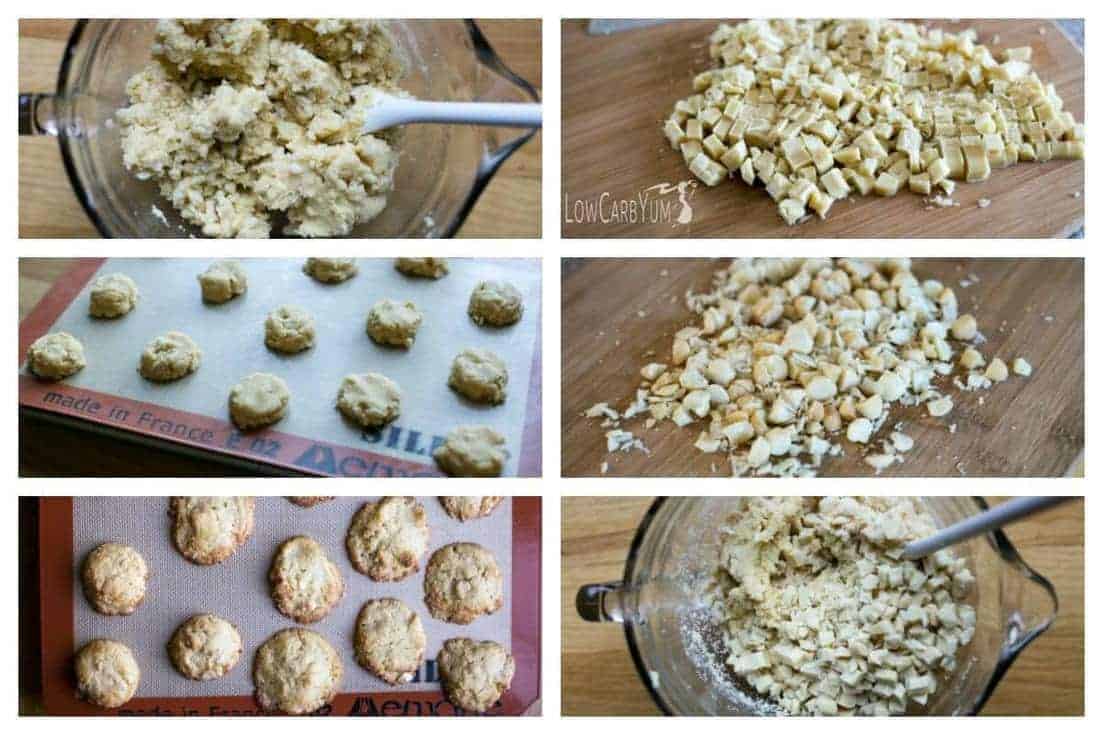 adding white chocolate and macadamia nuts then baking cookies