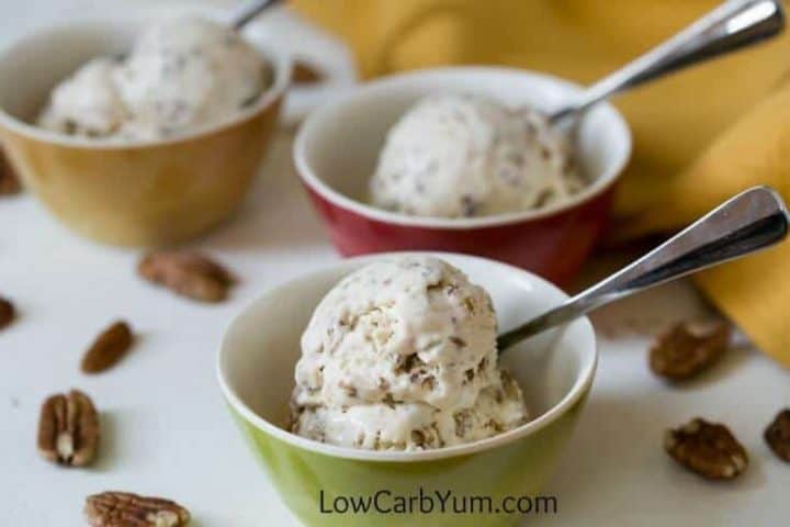 The best low carb butter pecan ice cream recipe ever! It's smooth and creamy and scoops well after frozen. You'd never know it's sugar free! | LowCarbYum.com