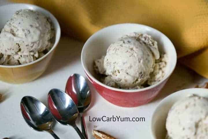 The best low carb butter pecan ice cream recipe ever! It's smooth and creamy and scoops well after frozen. You'd never know it's sugar free! | LowCarbYum.com