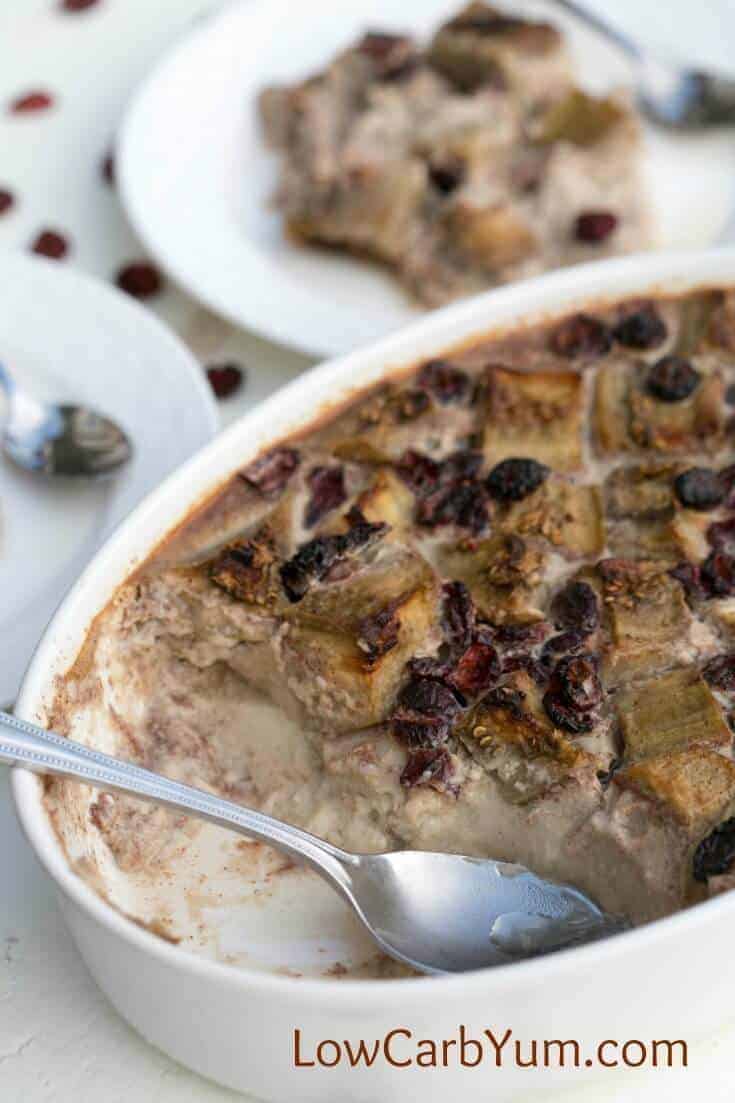 Low carb cranberry eggplant bread pudding