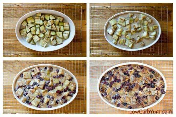 Low carb cranberry eggplant bread pudding