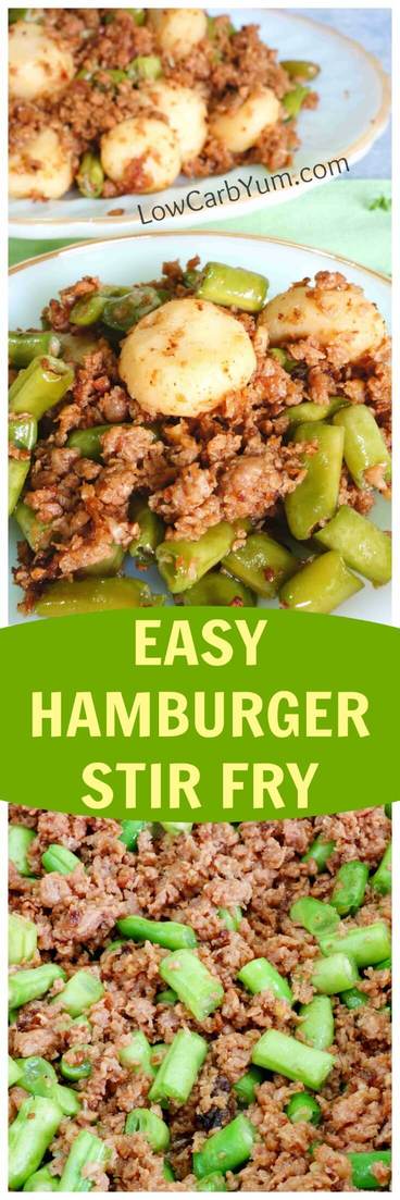 This low carb hamburger green bean skillet stir fry dish is so easy to make. And, it cooks up quickly on busy weeknights when you need dinner fast. #lowcarb | LowCarbYum.com