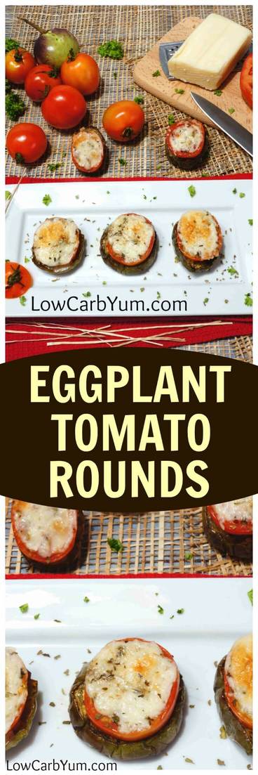 A simple eggplant tomato recipe that's like a mini pizza appetizer. This is a quick and tasty way to serve fresh eggplant and tomato from the garden. | LowCarbYum.com