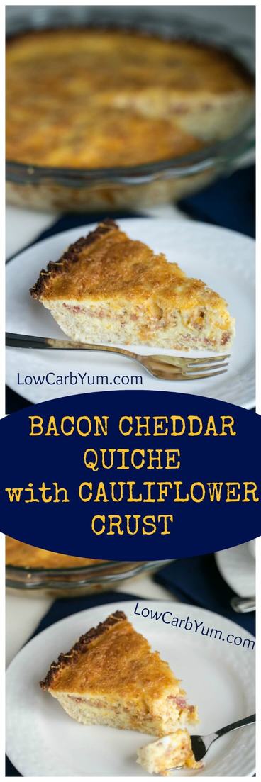 A tasty low carb bacon cheddar quiche that doesn't use any special flour for the crust. Instead, it uses a gluten free cauliflower crust! | LowCarbYum.com