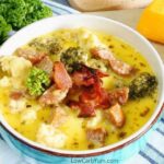 Broccoli cauliflower cheese soup with sausage and bacon