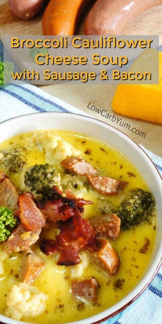 A hearty broccoli cauliflower cheese soup loaded with chunky add ins. Using a few varieties of sausage as well as bacon really ups the flavor! | LowCarbYum.com