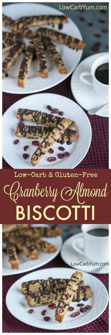 Low carb cranberry almond biscotti cookies are elegant yet easy to make. They make a tasty gluten free snack or holiday cookie. Perfect with coffee or tea! | LowCarbYum.com
