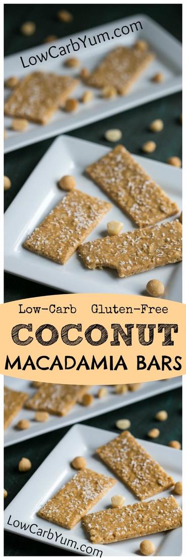 A recipe for coconut macadamia bars from the Breakfast in Five eCookbook by Tasteaholics. Find out more about this low carb recipe collection. | LowCarbYum.com