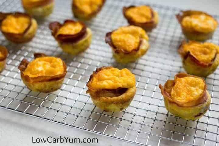 low carb bacon egg cups cooling on a rack