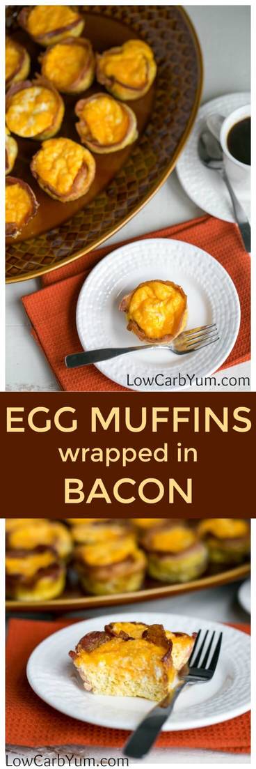Need an easy breakfast idea to make your life easier over the holidays? Try these 3-ingredient low carb egg muffins wrapped in bacon. #lowcarb #lowcarbrecipes| LowCarbYum.com