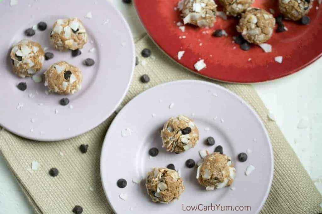 No bake almond butter balls with coconut and chocolate chips