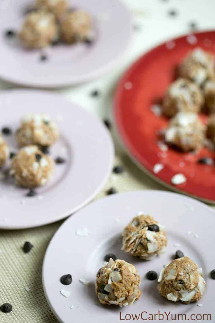 no bake almond butter balls on plates